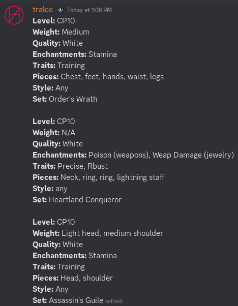 An example gear crafting request